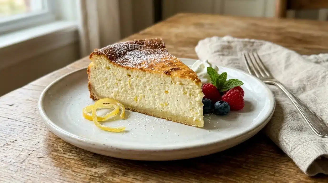 Slice of delicious Sicilian Ricotta Cheesecake topped with fresh berries