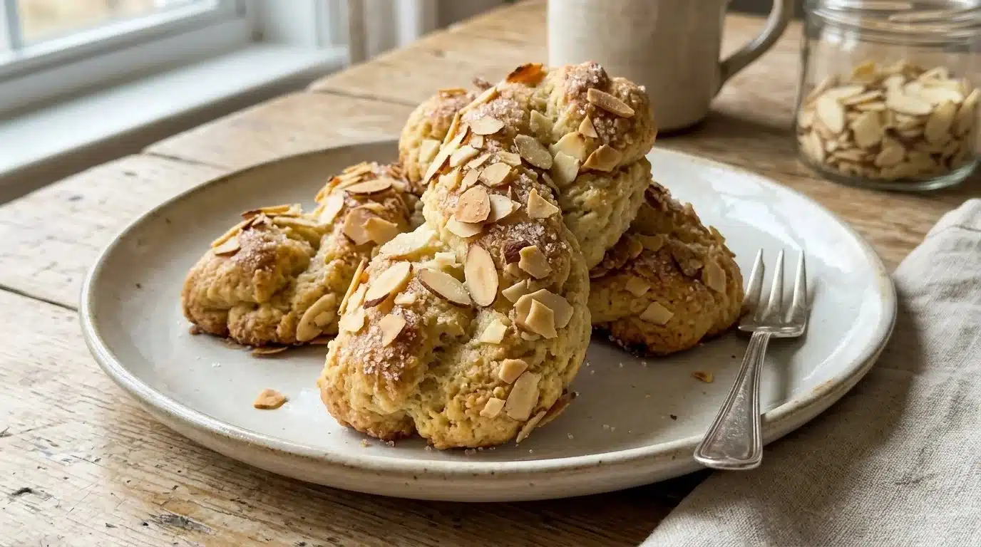 Freshly baked soft ricotta almond biscuit twists on a plate