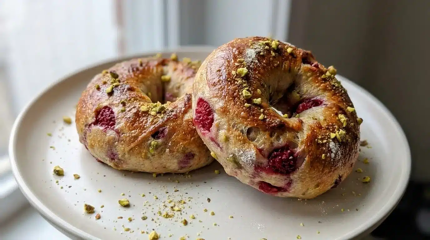 Sourdough bagels topped with raspberries and pistachios for a delightful treat.