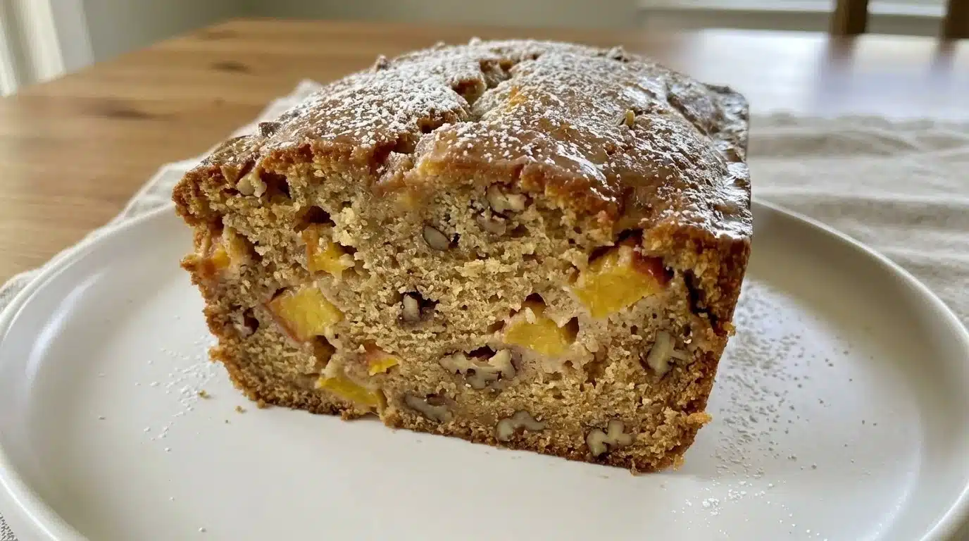 Freshly baked Southern Peach Bread with slices showing juicy peach chunks