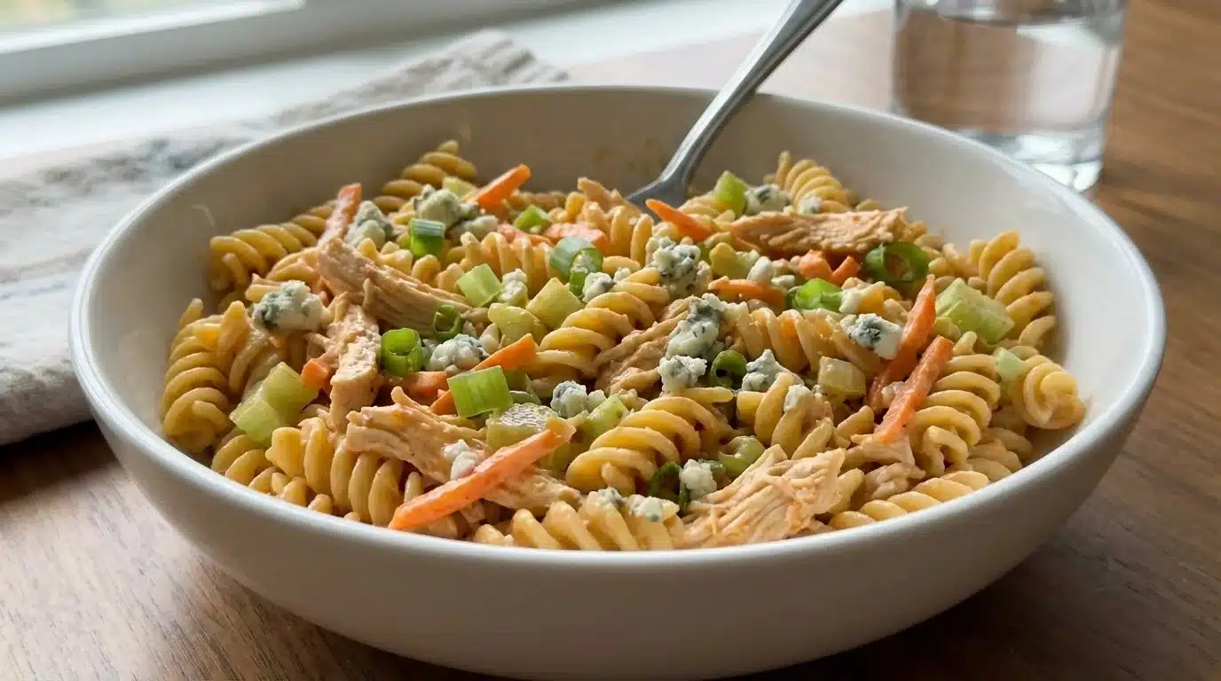 Spicy High Protein Buffalo Pasta Salad, a delicious and nutritious meal option.