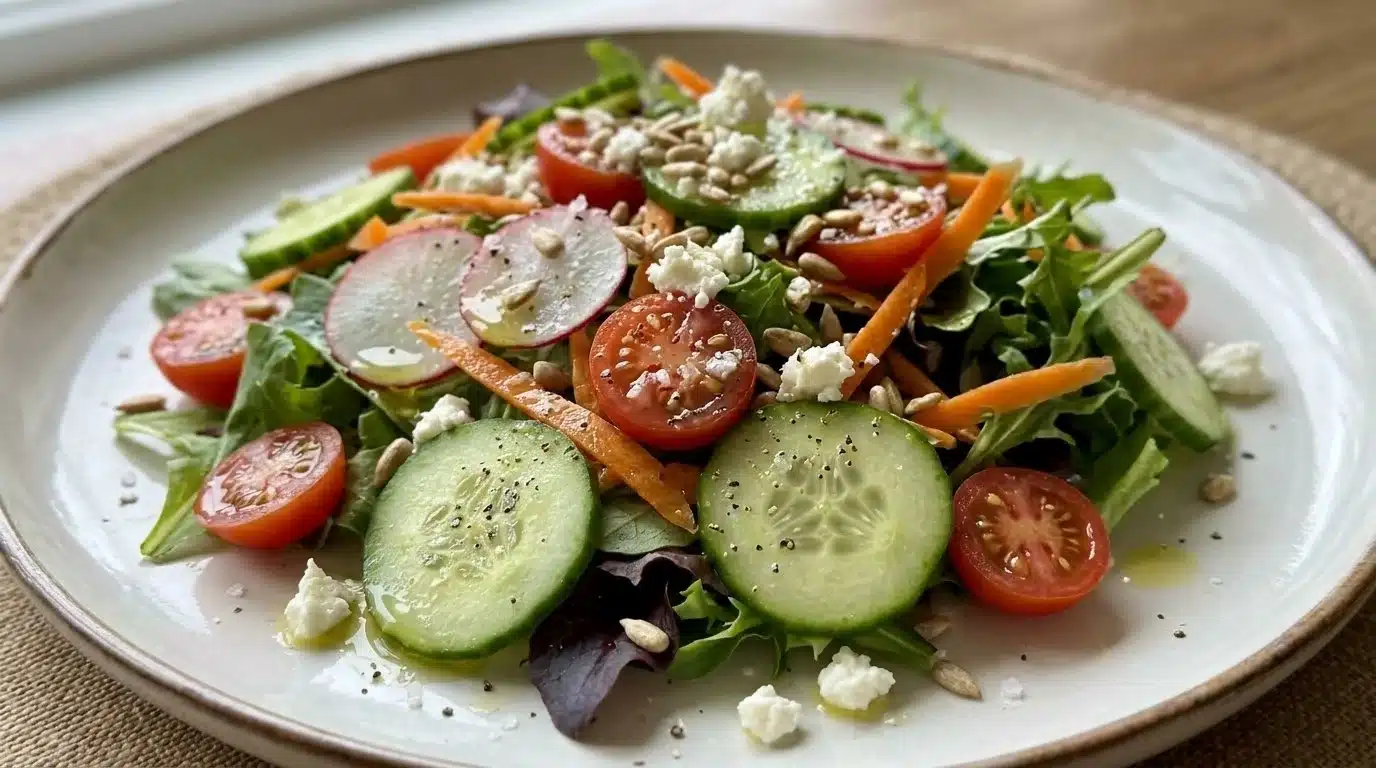 Colorful spring salad with seasonal greens and fresh vegetables