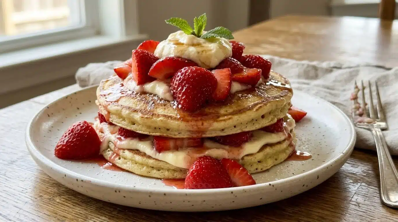 Stack of Strawberry Cheesecake Pancakes topped with fresh strawberries and whipped cream