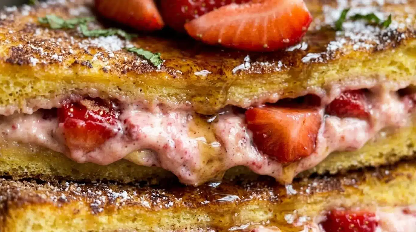 Strawberry cheesecake stuffed French toast topped with fresh strawberries and syrup.