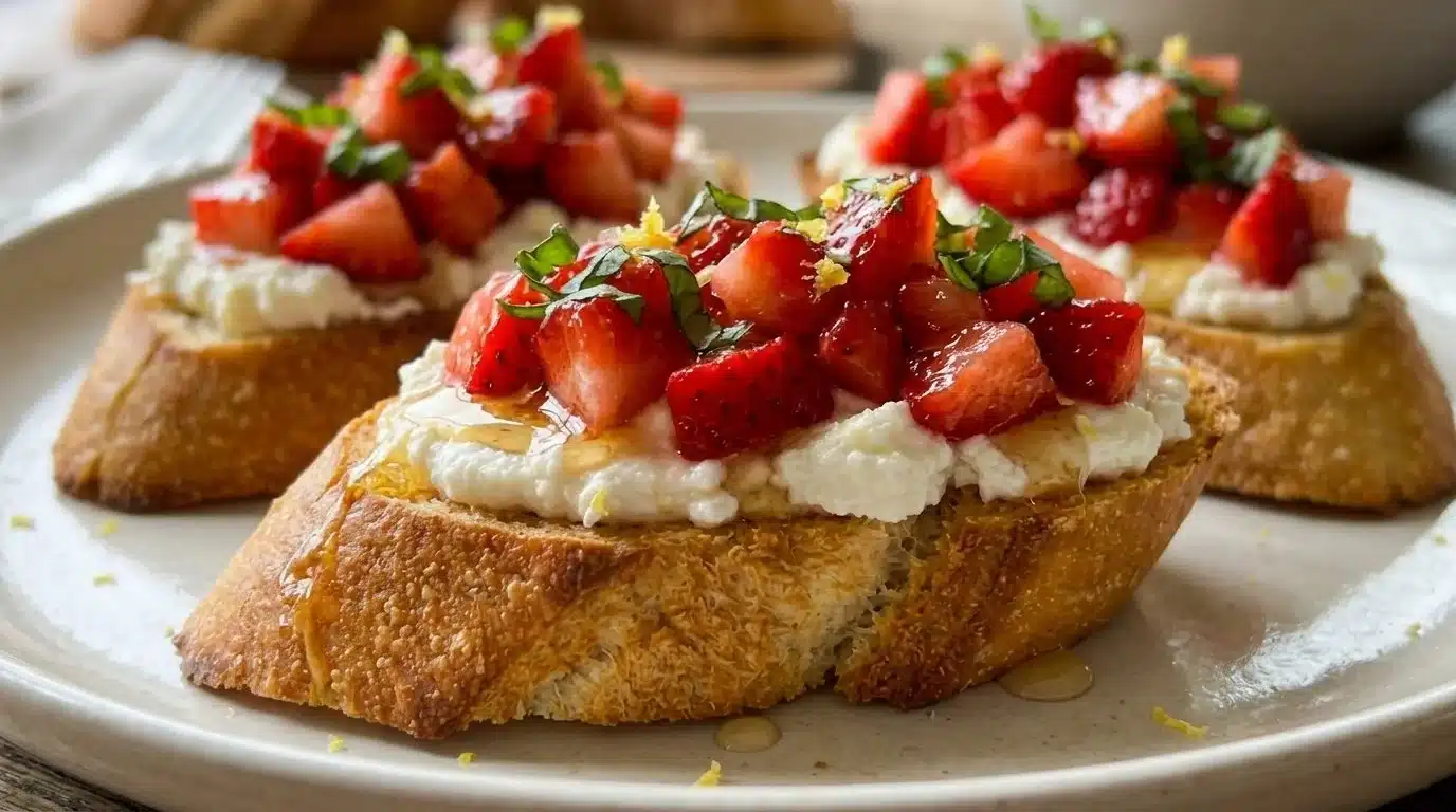 Strawberry Ricotta Bruschetta topped with fresh strawberries and mint on a toasted slice of bread