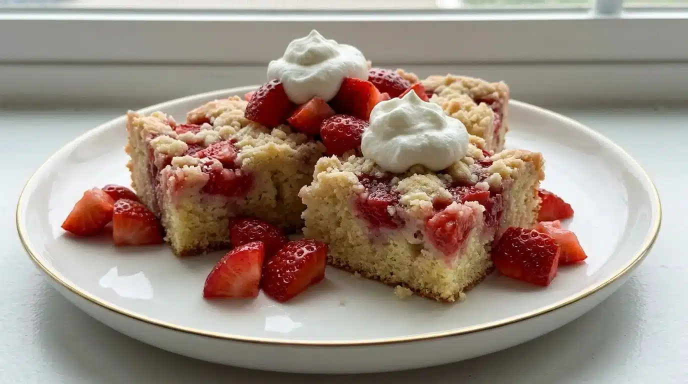Delicious homemade Strawberry Shortcake Bars with fresh strawberries