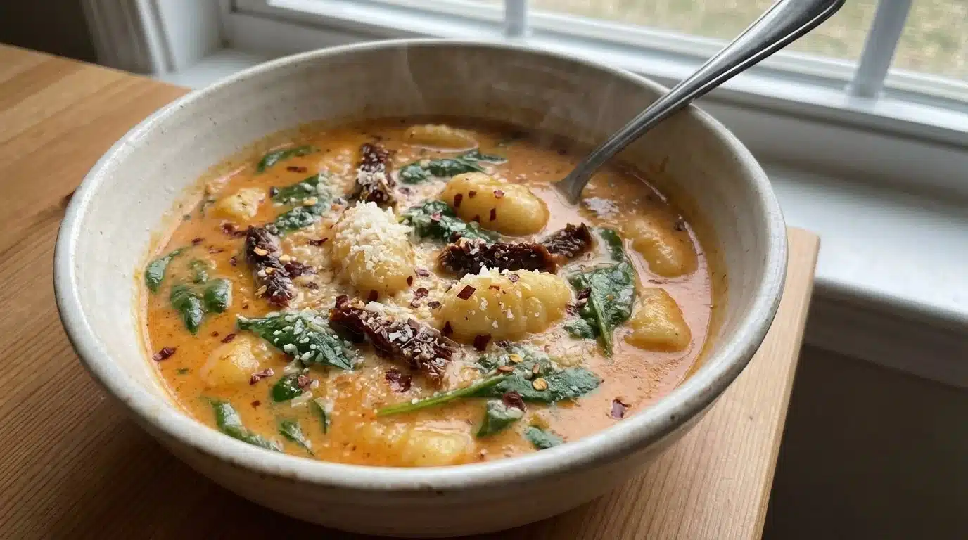 Delicious bowl of Sun Dried Tomato Gnocchi Soup with vibrant ingredients
