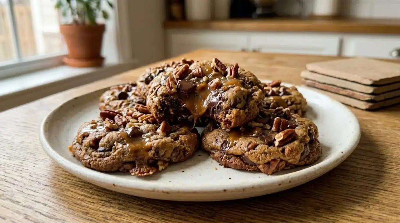 Delicious Turtle Cookies with chocolate, caramel, and pecans