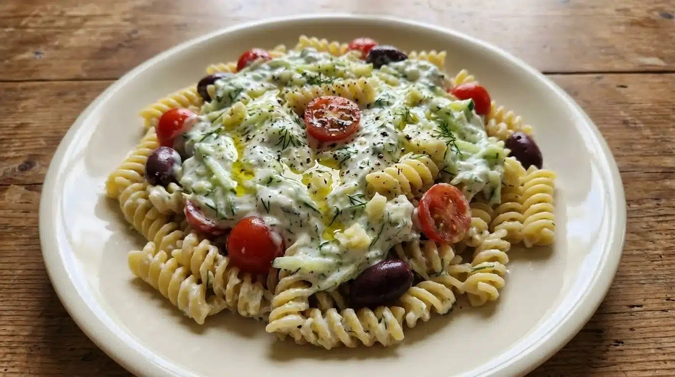 Delicious Tzatziki Pasta Salad with fresh vegetables and creamy dressing
