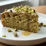 Vegan pistachio coffee cake topped with nuts and served on a plate