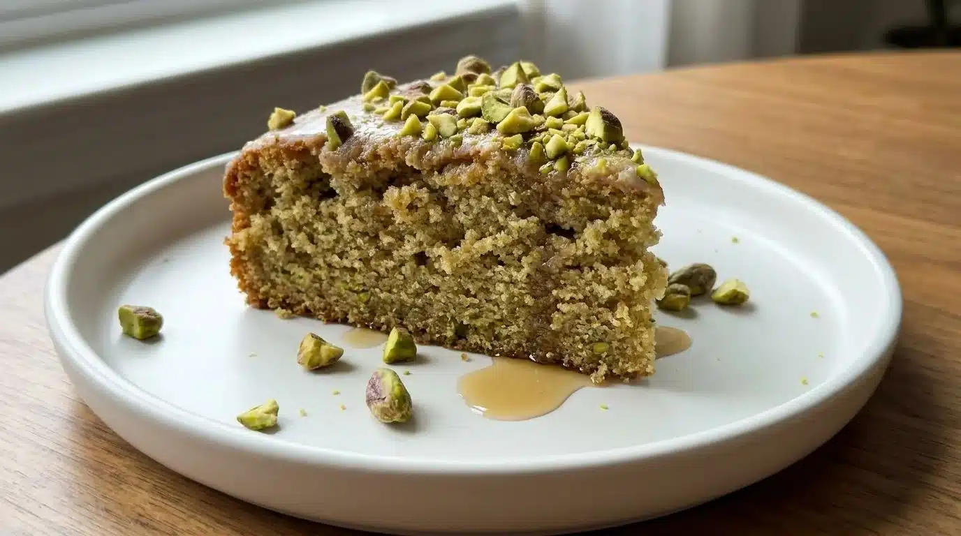 Vegan pistachio coffee cake topped with nuts and served on a plate