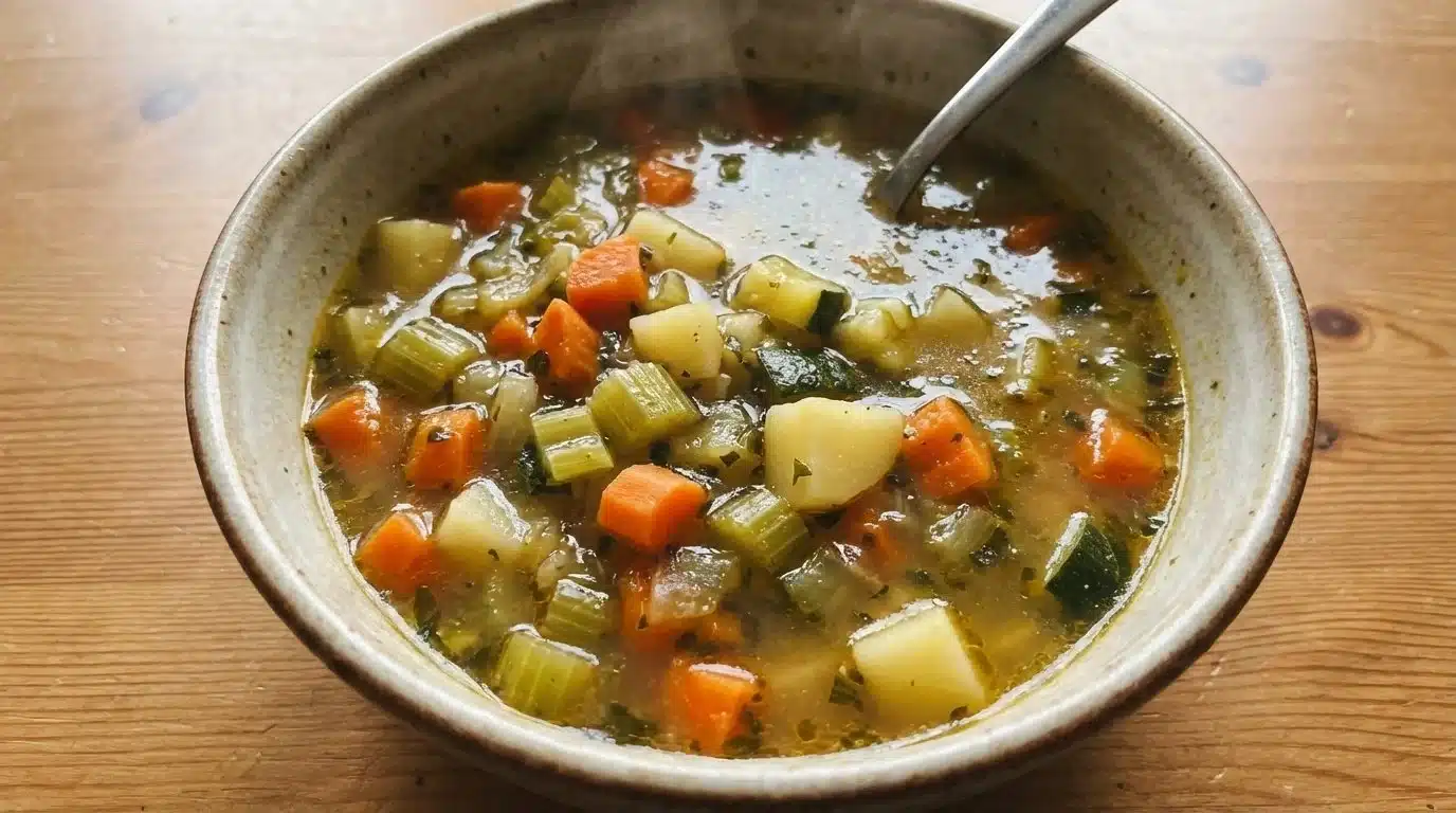 Bowl of delicious homemade vegetable soup filled with fresh vegetables