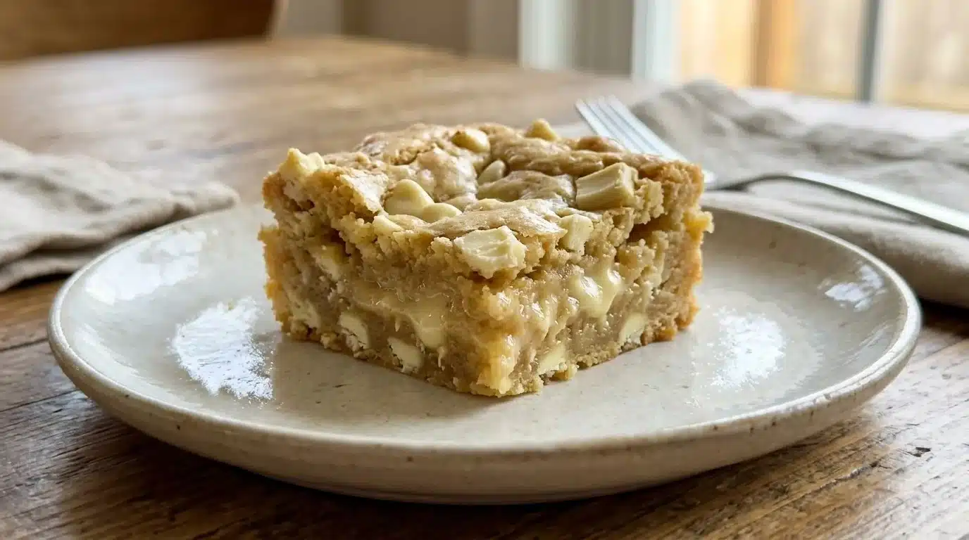 Delicious homemade white chocolate brownies on a wooden cutting board.