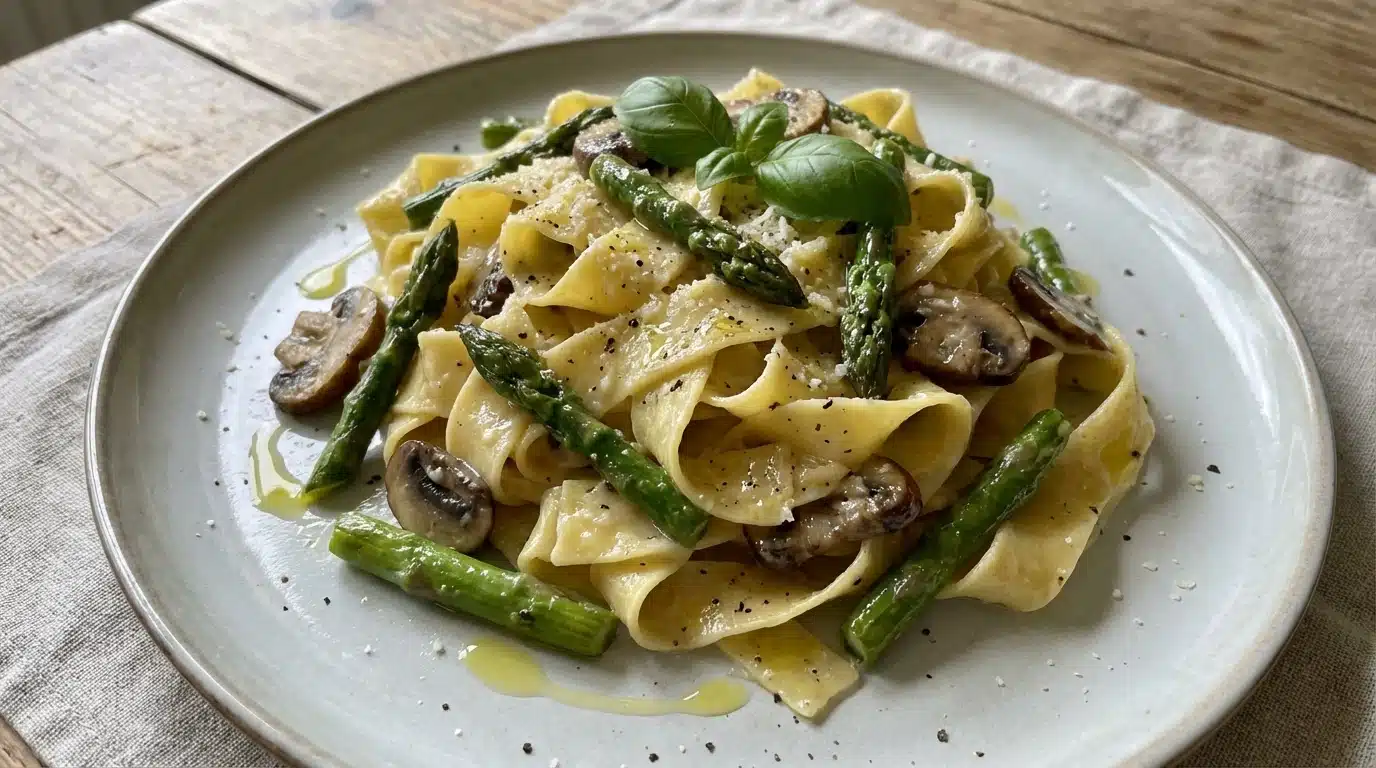 Spring Asparagus and Mushroom Pappardelle