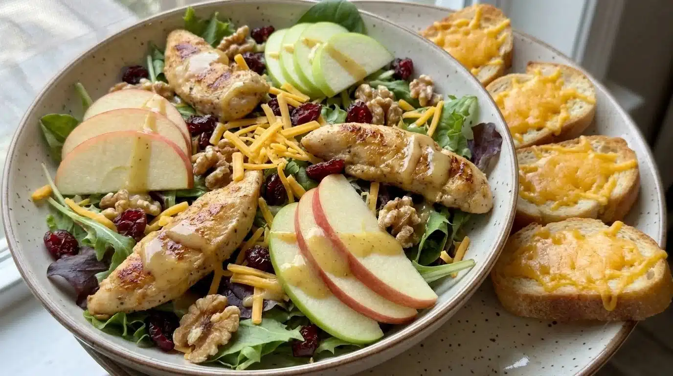 Apple grilled chicken salad with cheddar toasts served on a plate