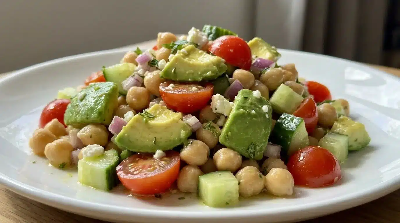 Colorful Avocado Chickpea Salad with fresh vegetables and dressing