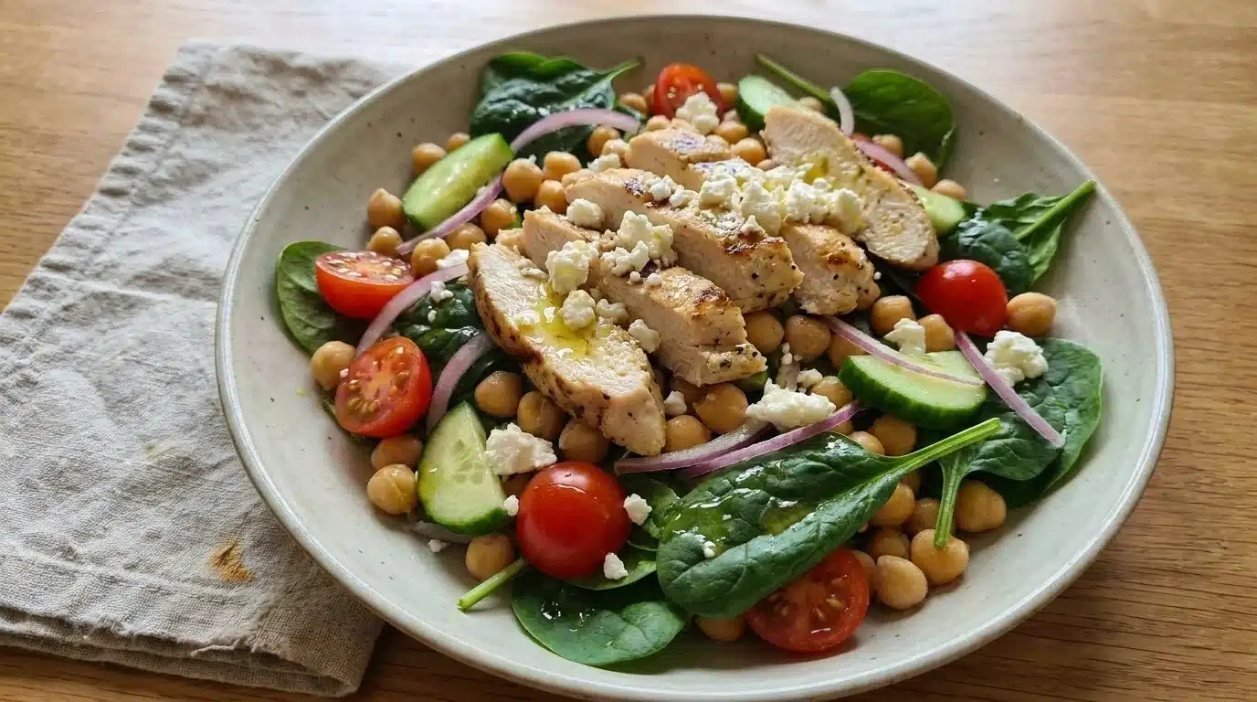 Chickpea spinach salad with chicken, featuring fresh spinach and chickpeas