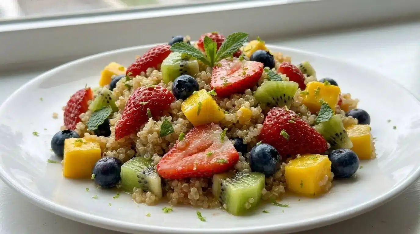 Colorful quinoa fruit salad with fresh fruits and vibrant colors.