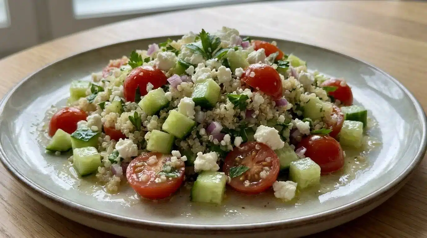 Colorful easy quinoa salad with fresh vegetables in a bowl