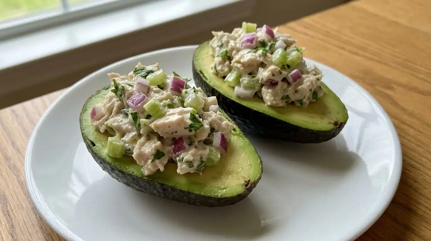 Healthy chicken salad stuffed avocados topped with fresh ingredients.