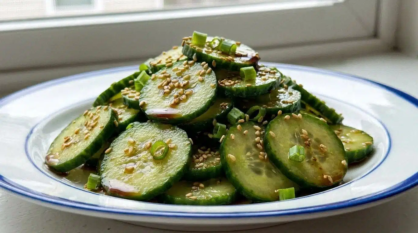 A vibrant bowl of Japanese cucumber salad with sesame and herbs
