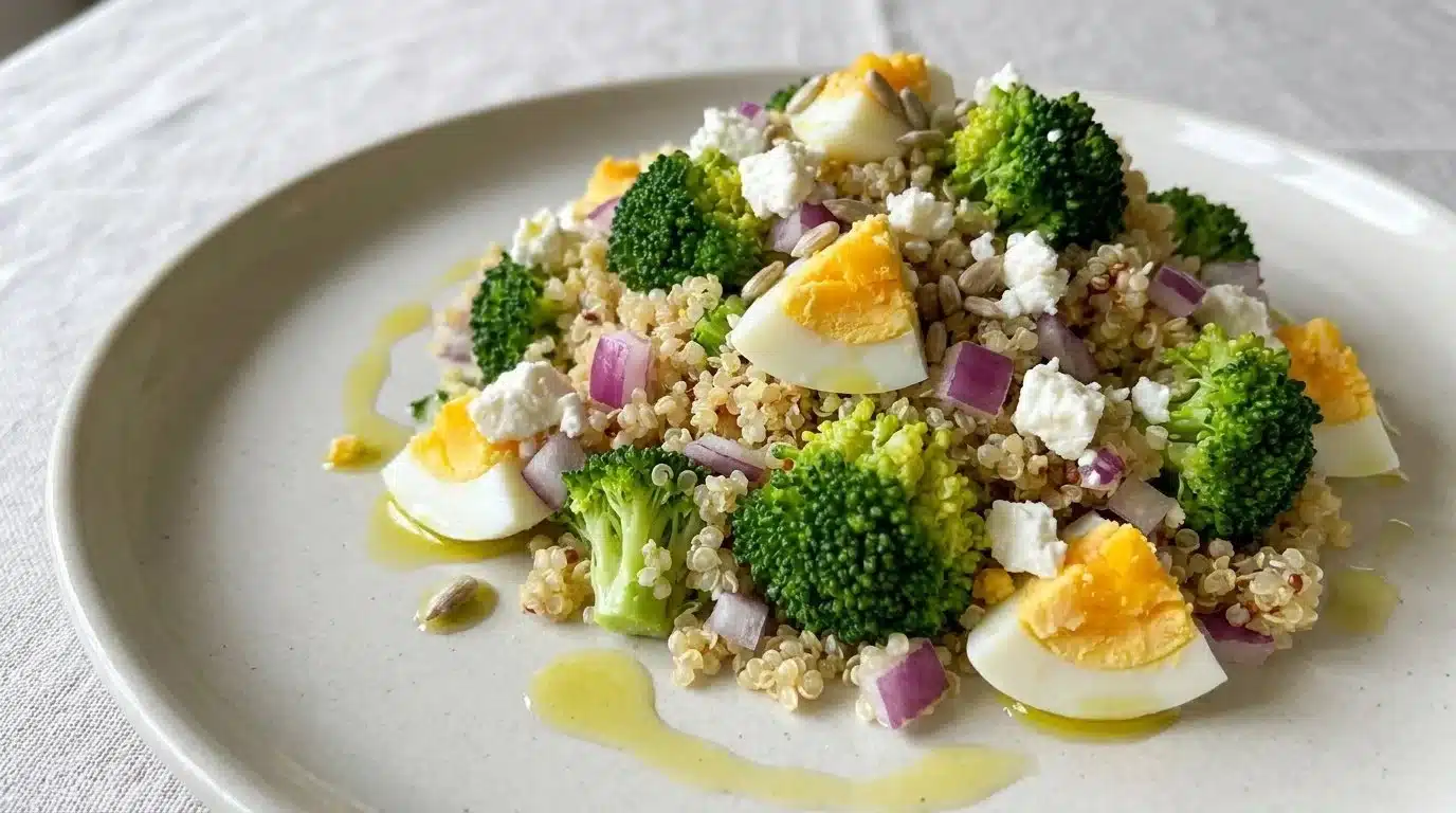 Quinoa salad with egg and broccoli in a colorful bowl