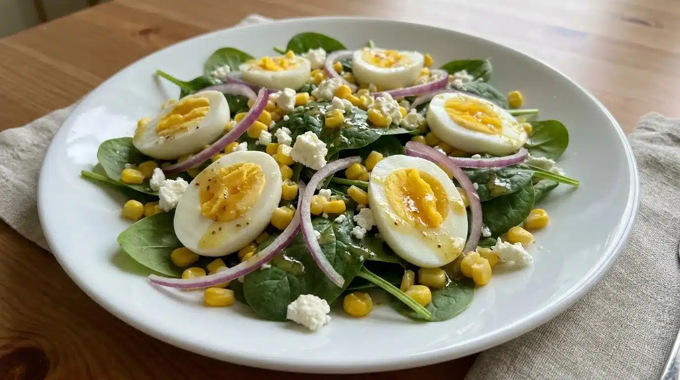 Spinach Corn Salad with Egg and Dijon dressing in a colorful bowl
