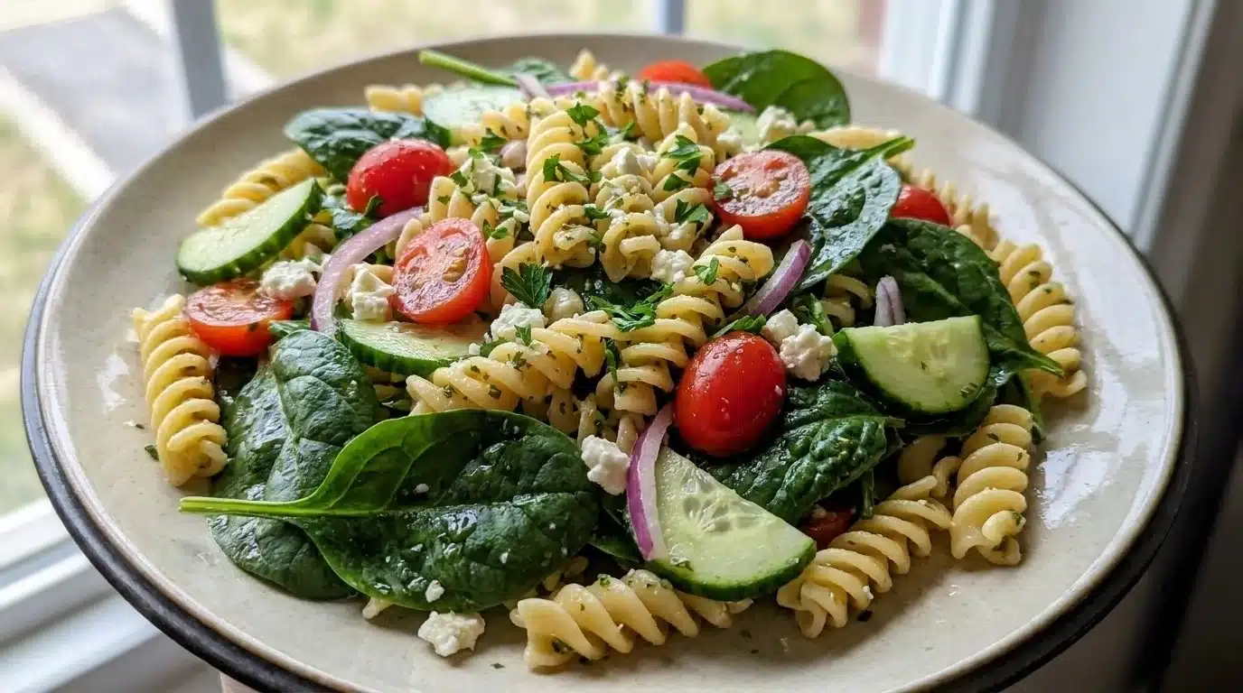 Spinach pasta salad with herb dressing on a white plate