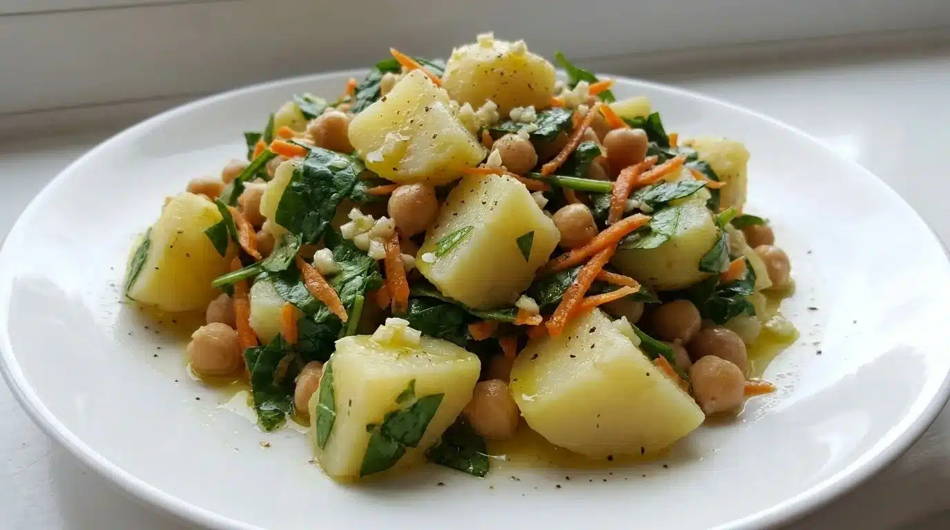 Healthy Spinach Potato Salad with Carrot and Chickpeas served in a bowl