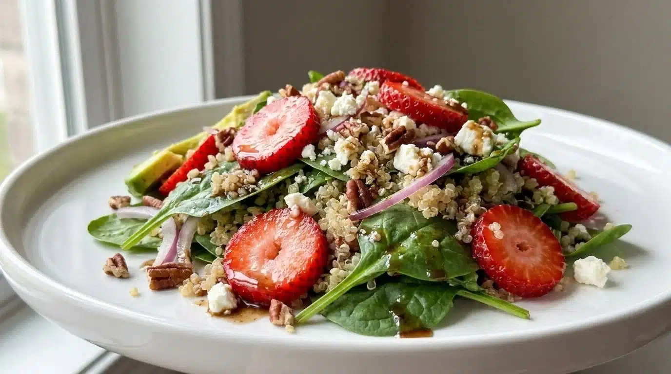 Strawberry spinach quinoa salad with fresh ingredients in a bowl