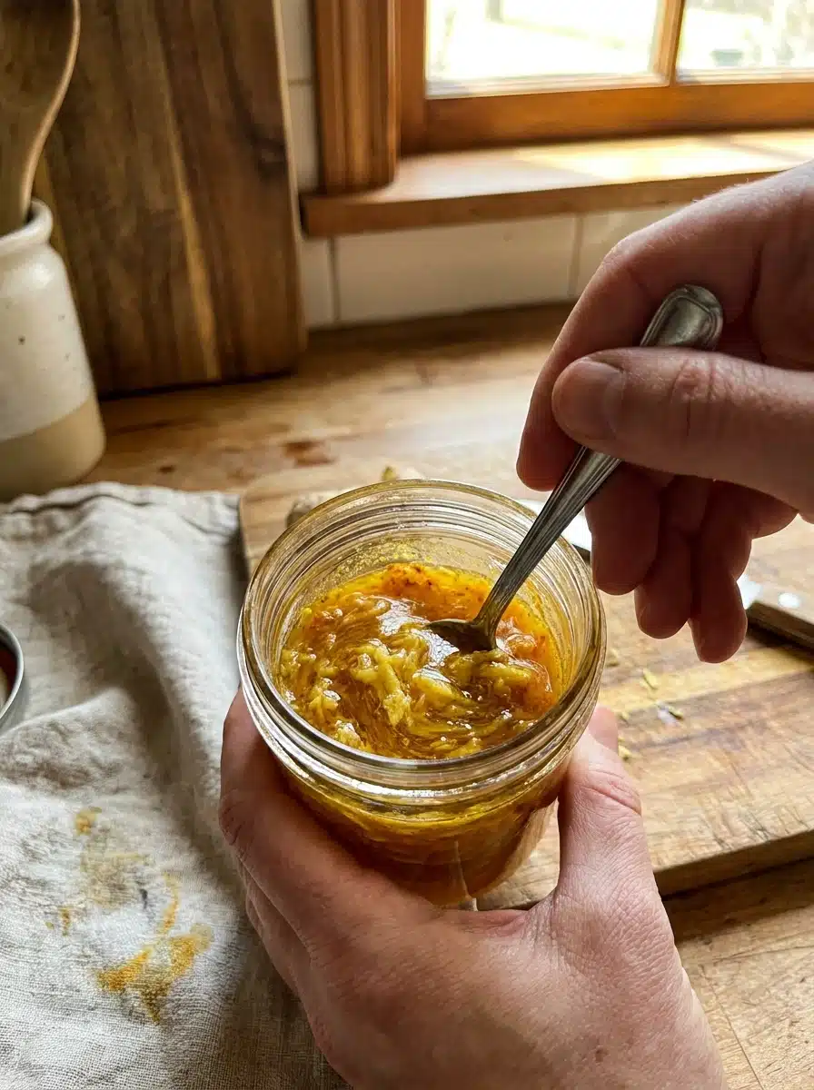 mixing turmeric ginger infused honey in a jar