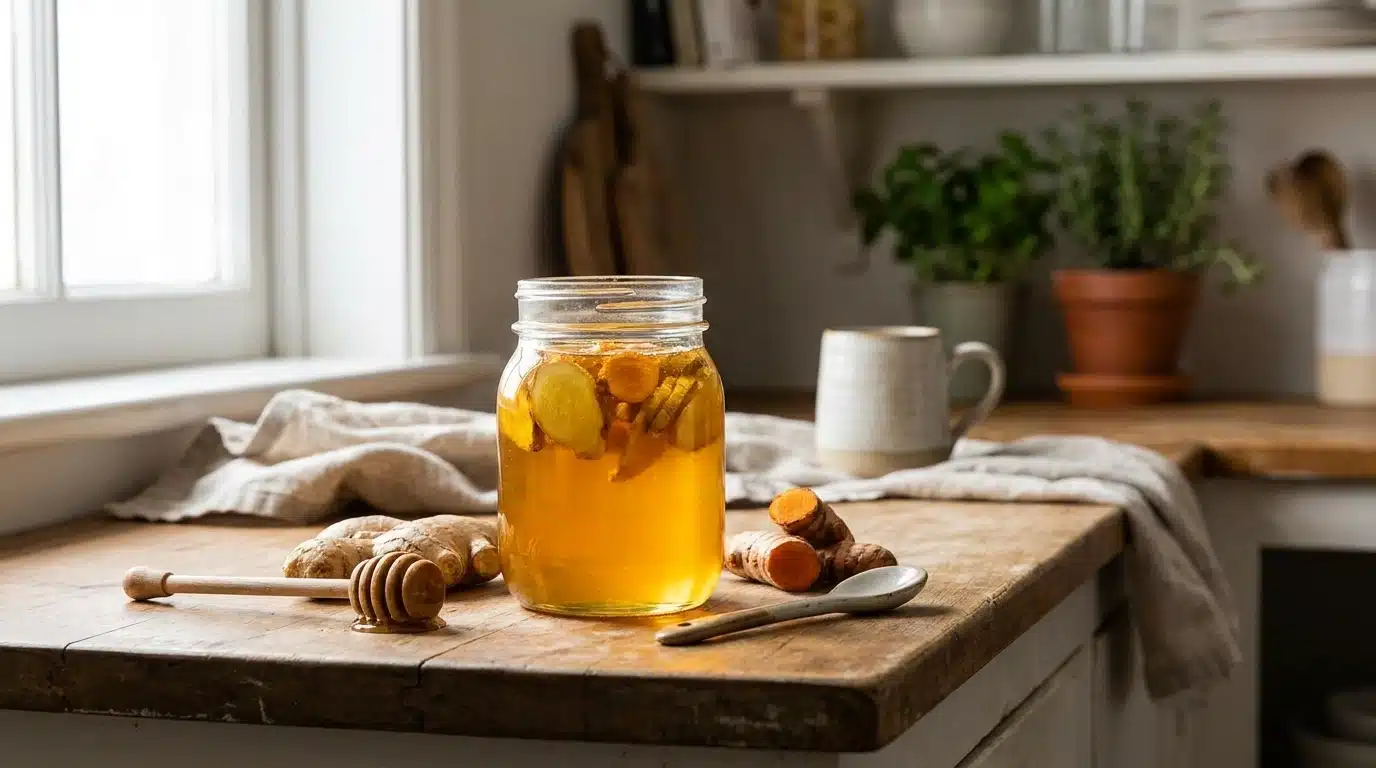 turmeric ginger infused honey in a glass jar