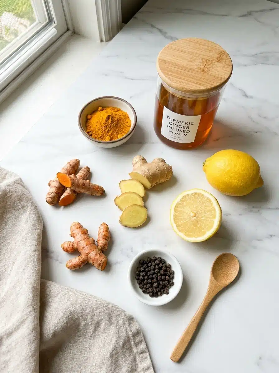 ingredients for turmeric ginger infused honey recipe