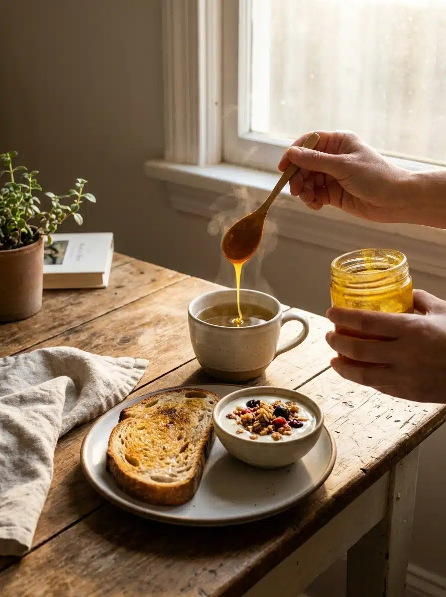 turmeric ginger infused honey served with tea and breakfast